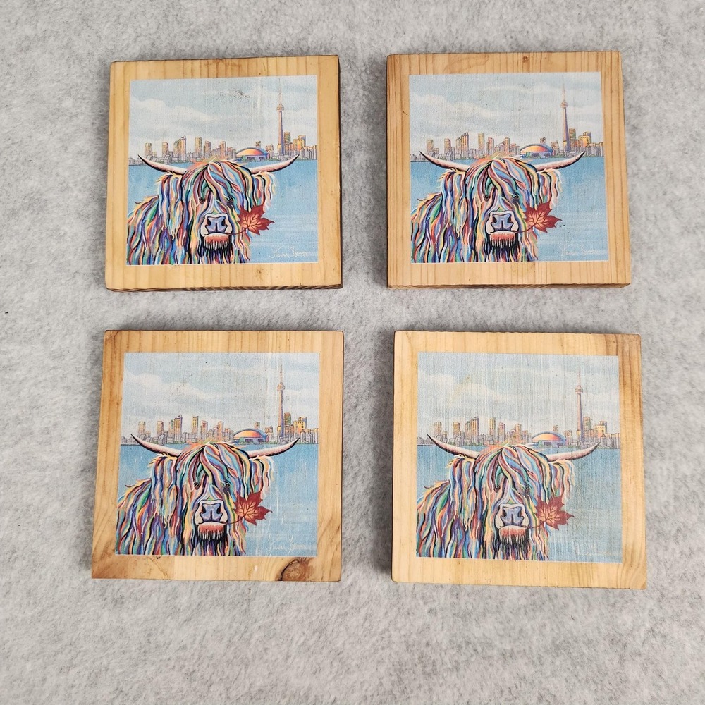 Steven Brown Wood Coasters Set Highland Cow Toronto Skyline Art 4 Piece 4x5 Inch
